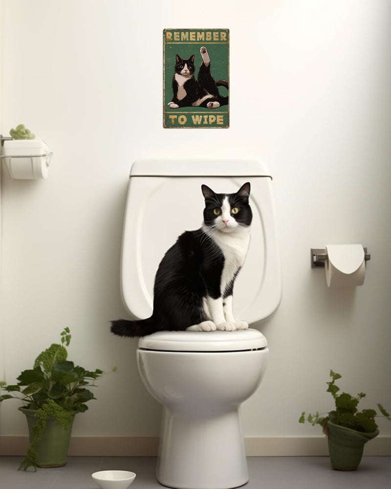 ALKB Bathroom Tuxedo Cat Sign - Remember to Wipe - Cat Lover Gift 8x12 Inch Vintage Metal Sign for Bathroom Decorations - Image 2